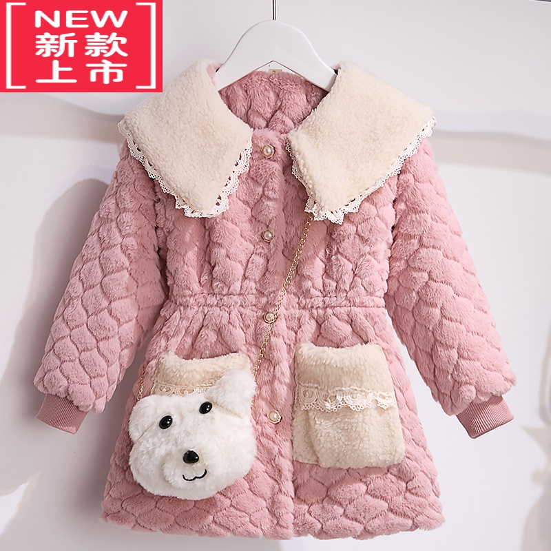 可莉允女童秋冬装毛毛衣2022新款女孩时髦娃娃领加绒加厚外套送小熊包包棉服