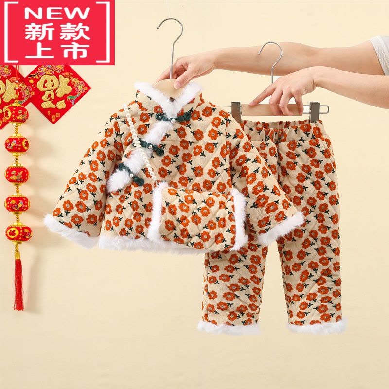 可莉允女童棉服套装新款宝宝加厚棉袄棉裤儿童秋冬装保暖女孩民族风唐装图片