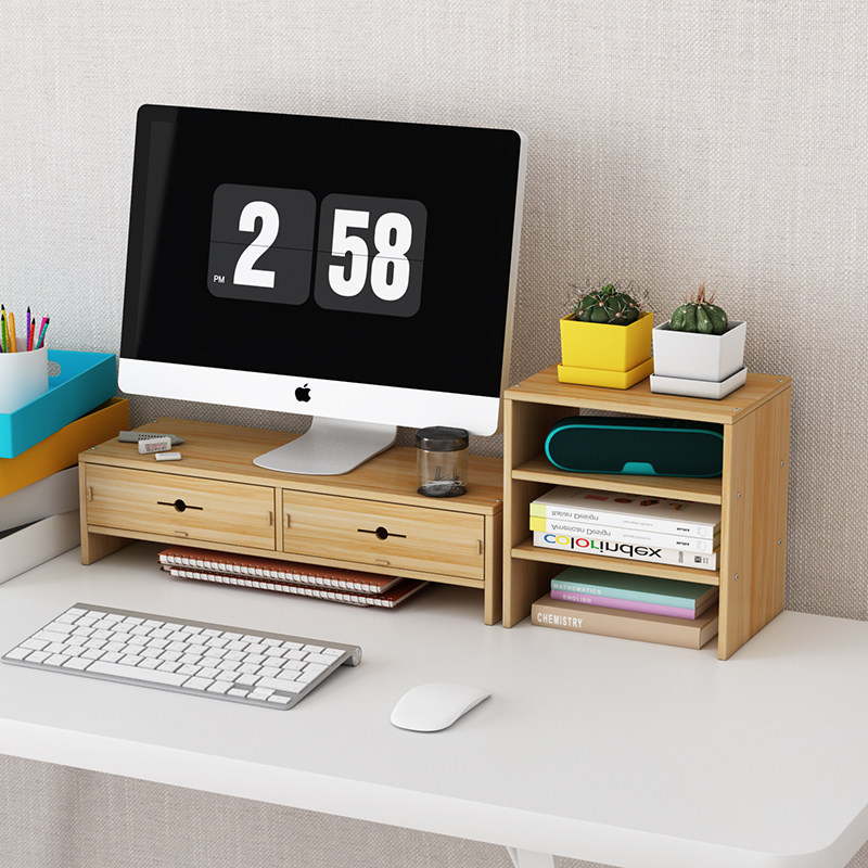 电脑显示器屏增高架底座桌面键盘整理收纳置物架托盘支架子抬加高 双层双抽+三层-胡桃色