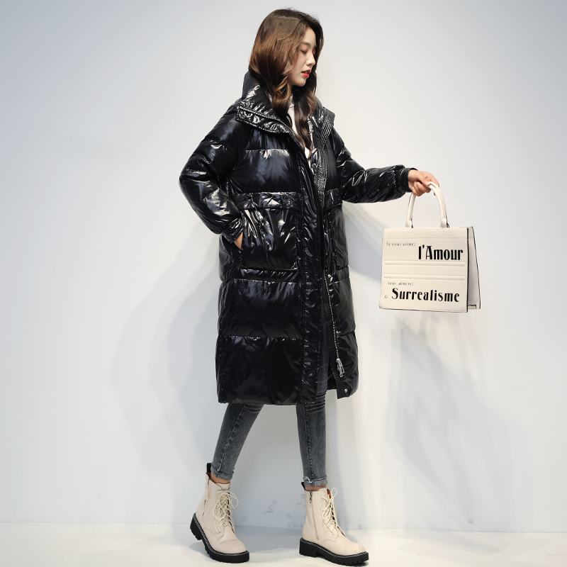 雅鹿羽绒服2020新款冬季韩版亮面翻领中长款过膝修身防寒厚外套DS