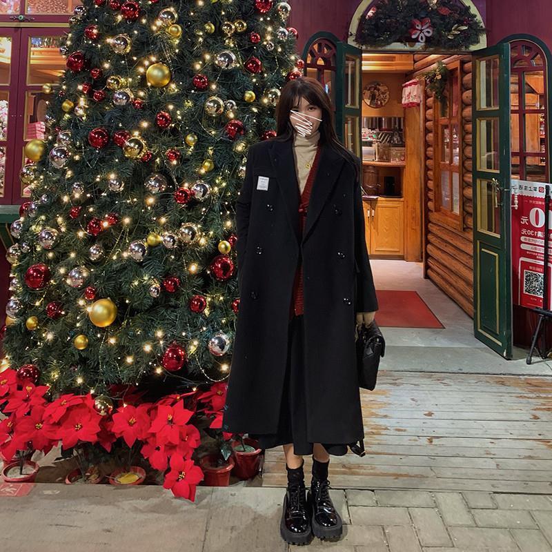 黑色毛呢外套女冬中长款2021韩版新款宽松加厚过膝赫本风呢子大衣15天内发货