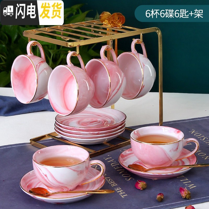 三维工匠欧式煮水果茶泡花茶杯蜡烛加热花茶壶套装英式下午茶茶具玻璃耐热 粉色-6杯6碟6匙+金架高清大图