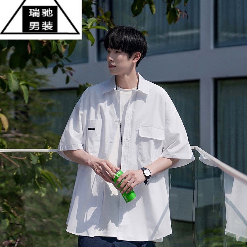 希杰狮王夏季新款复古纯色短袖衬衫男装翻领穿搭宽松休闲潮流半袖衬衣外套图片