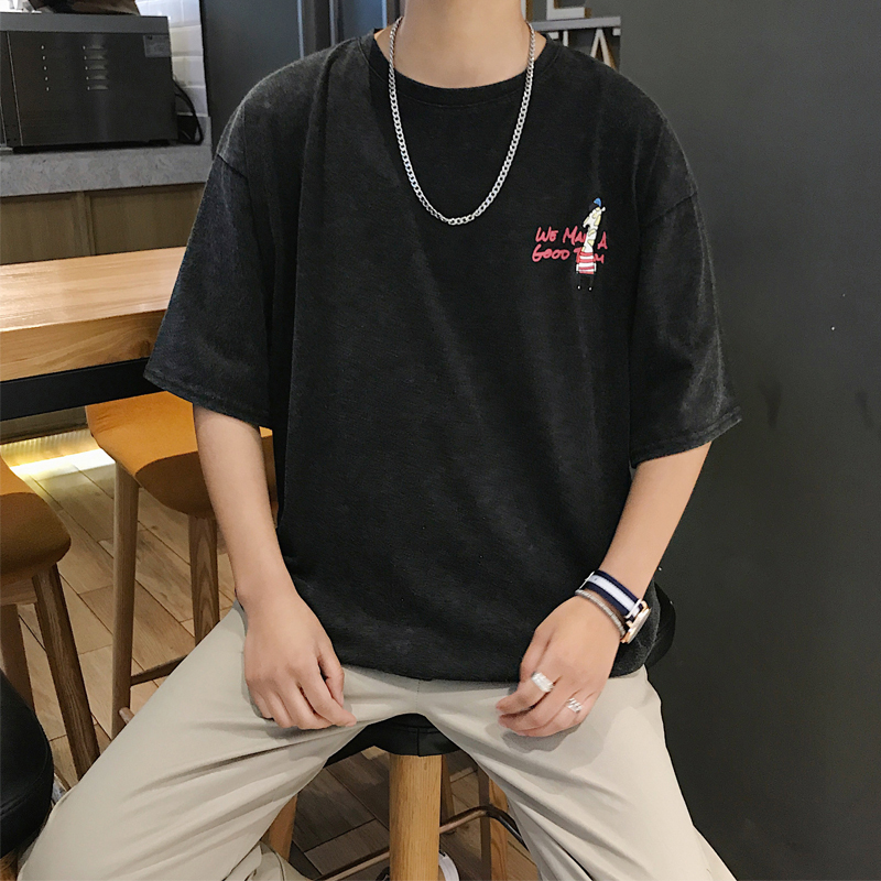 夏款宽松港风文艺韩版休闲圆领短袖T恤男字母印花打底衫青年学生