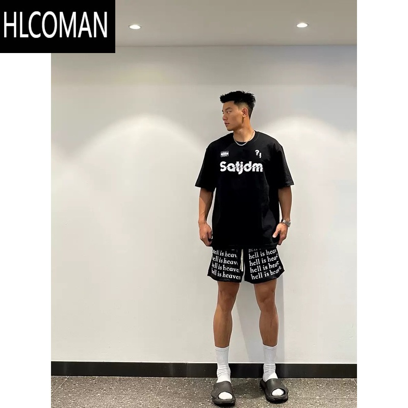 HLCOMANhell is heaven美式字母满印抽绳四分短裤男夏网眼篮球运动健身裤