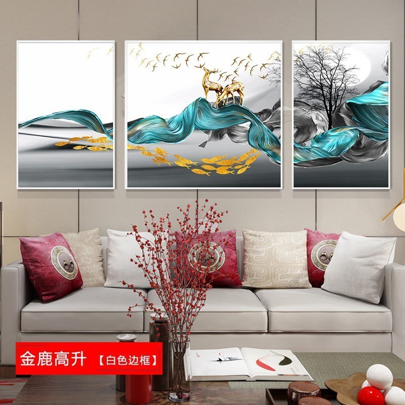 北欧壁画三联组合沙发背景墙客厅装饰画 金鹿高升(白色边框) 50*70cm三联套装(建议2.5-3米沙发)土豪金【铝合金