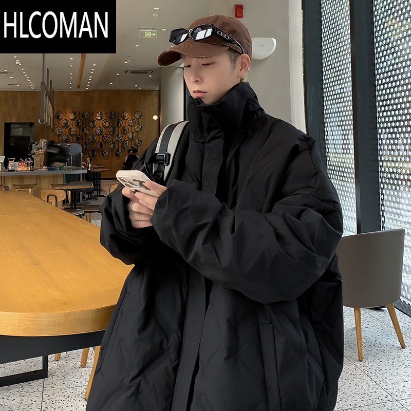 HLCOMAN纯黑色高领棉衣男冬季2023新款加厚菱形格外套美式设计感百搭O棉 L 黑色