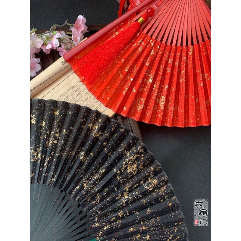中国风扇6寸金银洒金银女式古风日式日本和风折扇子古典摄影 三维工匠 8寸金色洒金+大珠流苏金色高清大图