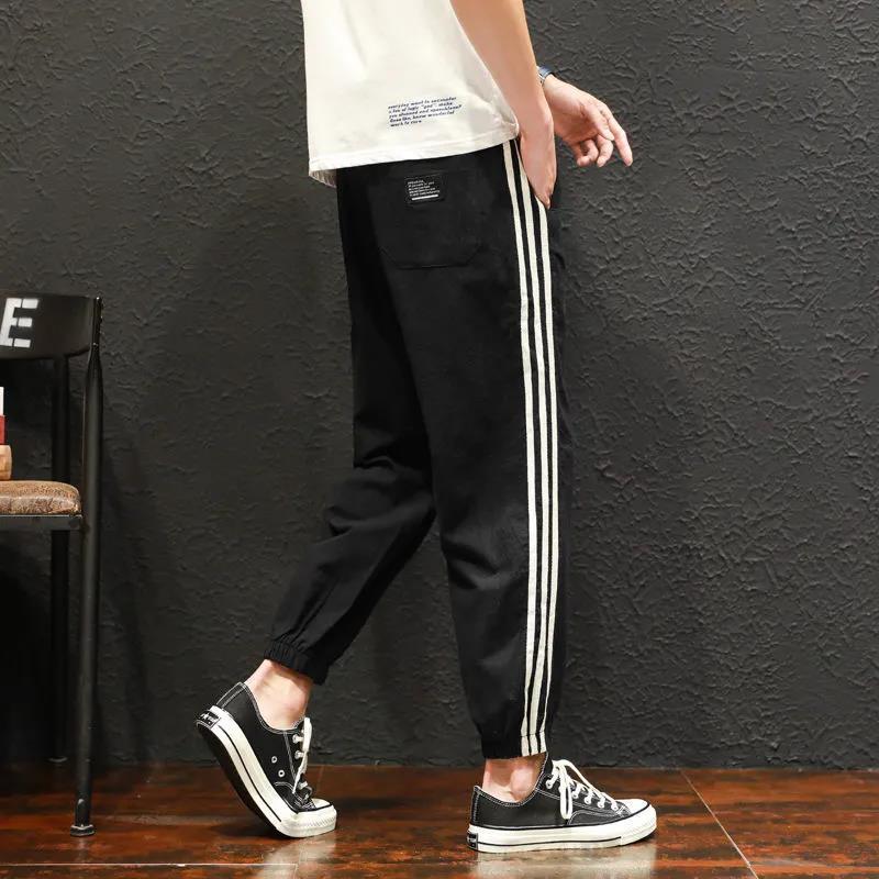 夏季休闲裤子男大码九分裤条纹日系宽松束脚裤运动亚麻潮流棉麻裤 莎丞