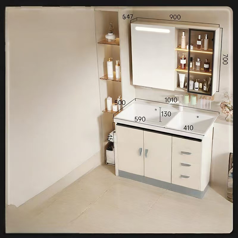 惠达(HUIDA) - J55-Pro 奶油风浴室柜组合子母双盆洗手洗漱台高清大图