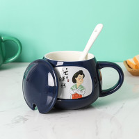 贝瑟斯 古典美和风美人创意陶瓷带盖勺马克杯杯子咖啡杯水杯