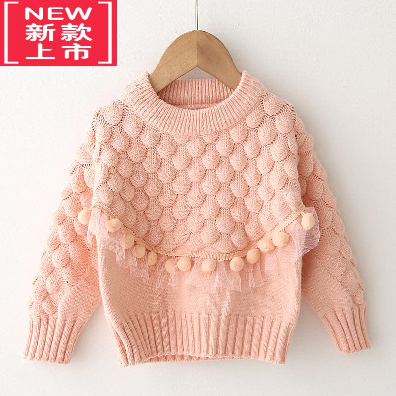 可莉允女童毛衣秋冬加绒加厚洋气宽松针织衫套头宝宝毛衫1-5岁公主蕾丝4