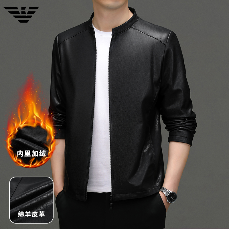 100纯羊皮头层真皮皮衣男加绒加厚皮夹克绵羊皮机车海宁头层春秋季外套男士真皮头层皮纯皮外套中年皮夹克男高清大图