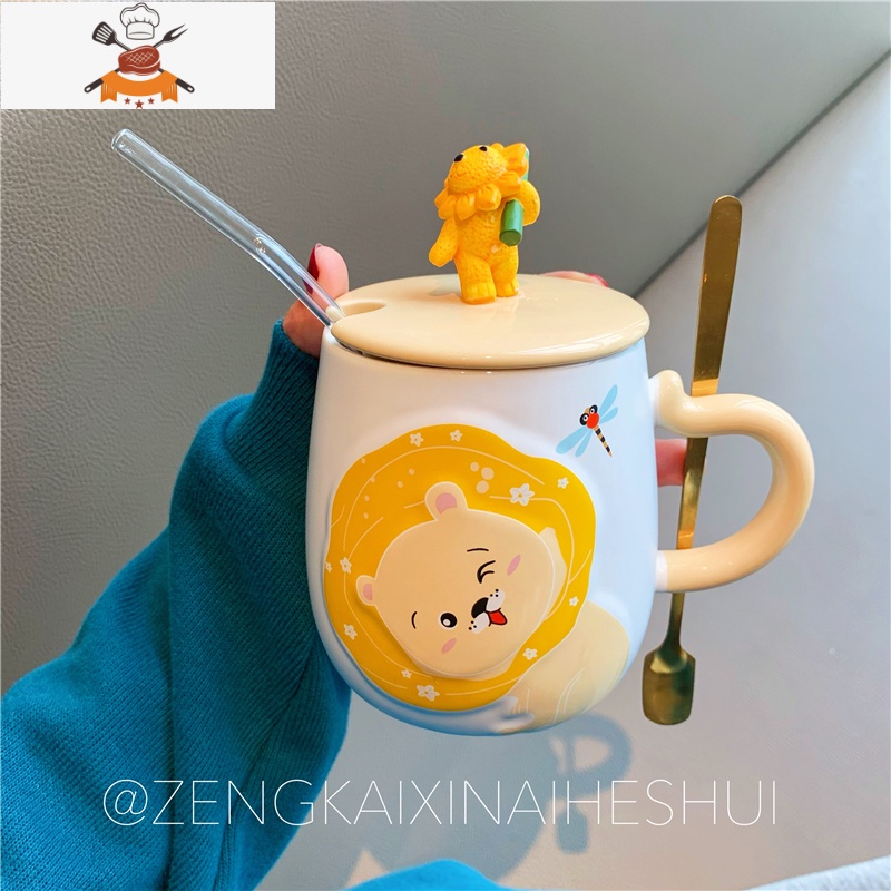 可爱卡通早餐陶瓷杯少女心学生牛奶水杯子带盖勺创意办公室马克杯 敬平高清大图