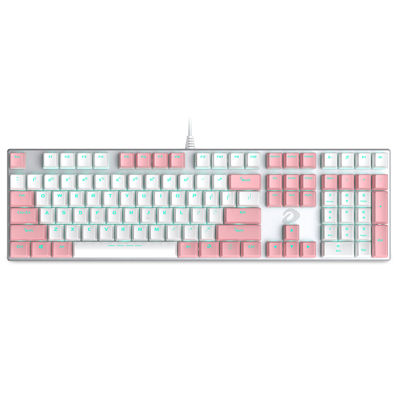 达尔优(dareu)机械师合金版 机械键盘 有线键盘 游戏键盘 108键单光 女生 电脑键盘 白粉色双拼 红轴高清大图