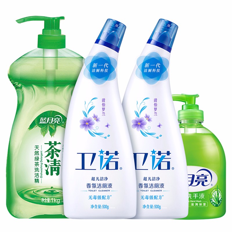 蓝月亮 清洁组合套装:茶清洗洁精 食品可用 1kg+芦荟抑菌洗手液500g+卫诺罗兰洁厕液500g*2