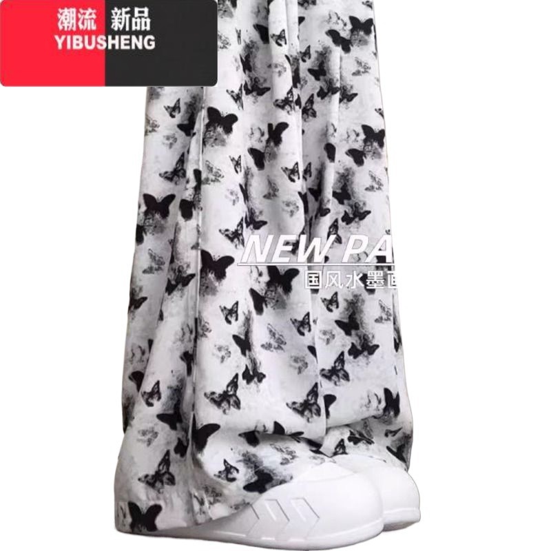 YIBUSHENG水墨新中式阔腿裤女季薄款高腰蝴蝶休闲直筒扎染国风冰丝防晒裤高清大图