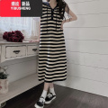 YIBUSHENG条纹连帽连衣裙长裙女装2024季气质小个子穿搭休闲宽松无袖季E 均码优质版/现货 黑色条纹