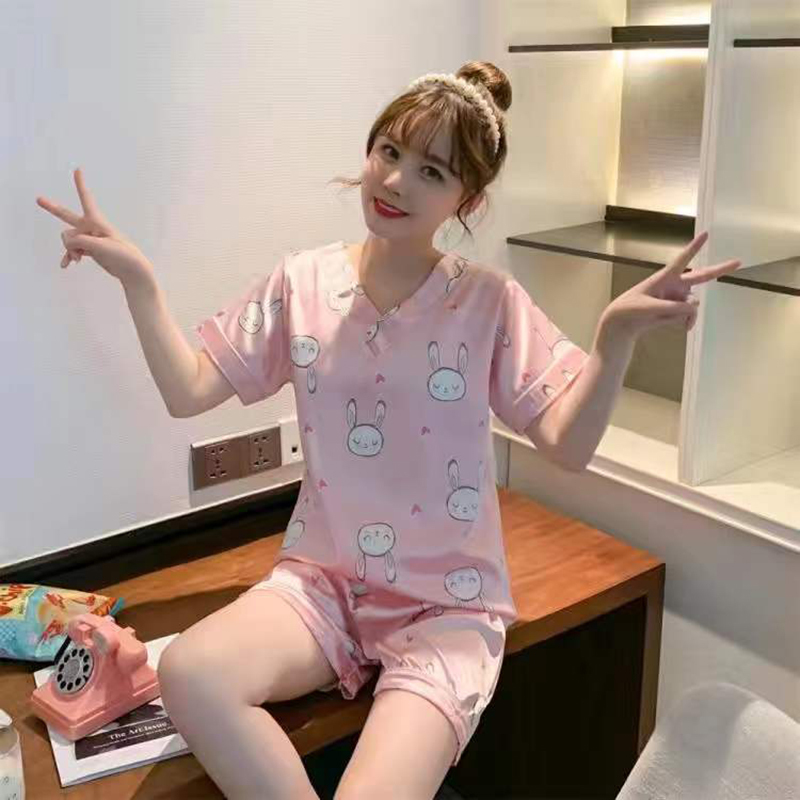 夏季睡衣女仿冰丝夏韩版清新V领薄款印花套装可外穿家居服莎丞