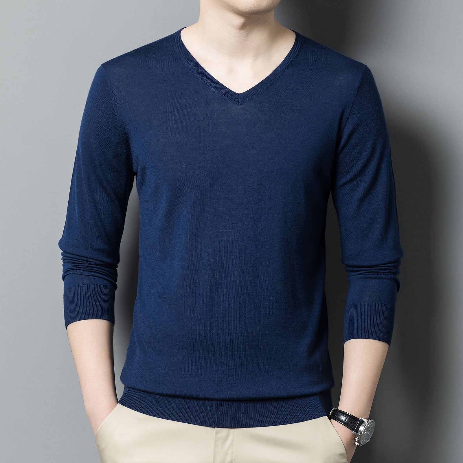 2025秋冬装100%纯羊毛绒品牌羊绒衫男圆领新款春秋打底衫针织毛衣圆领精纺羊绒爸爸装青年毛衣针织衫男毛衣纯羊毛衫男单穿高清大图