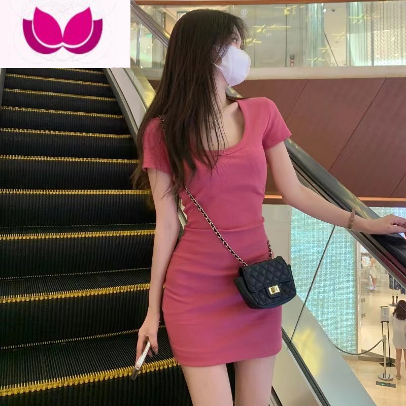 七斓夏天紧身性感包臀纯欲甜辣连衣裙夏季辣妹裙子女套装显瘦短裙甜欲 S 霉红色