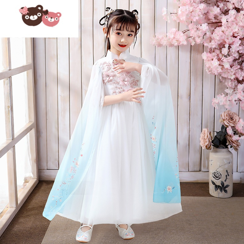 绿彩虹光公主裙女童洋气蓬蓬纱超仙小女孩连衣裙春秋古装儿童裙子汉服