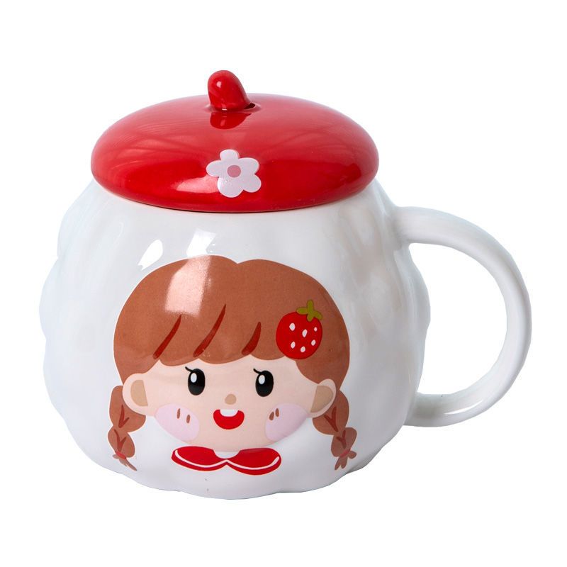 红色女孩马克杯可爱女孩马克杯带盖勺女生情侣水杯儿童家用喝水艺术感