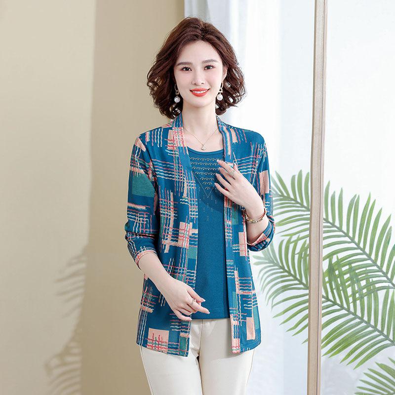 妈妈秋装上衣新款套装40岁50中老年女装春秋季两件套洋气打底小衫_515高清大图