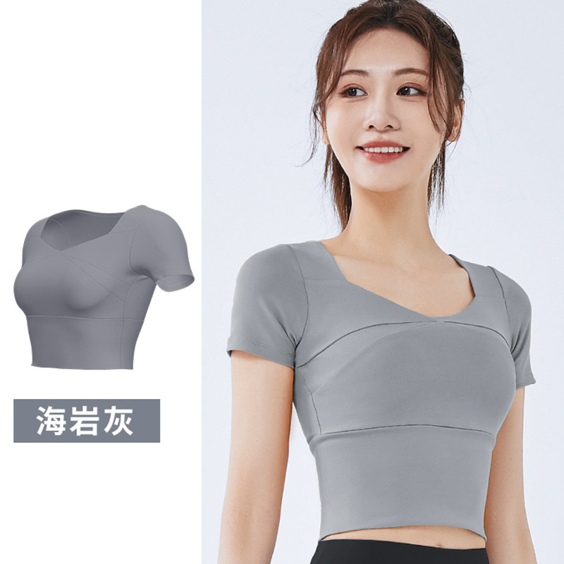班蒂纳瑜伽服短袖拼接运动速干带胸垫抗震跑步健身半袖T恤 JYMD009