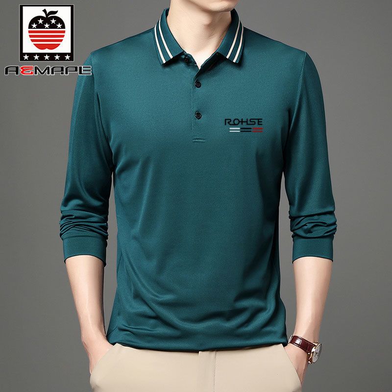 爱曼普新款含棉男士polo衫时尚条纹领纯色百搭休闲长袖薄款T恤男