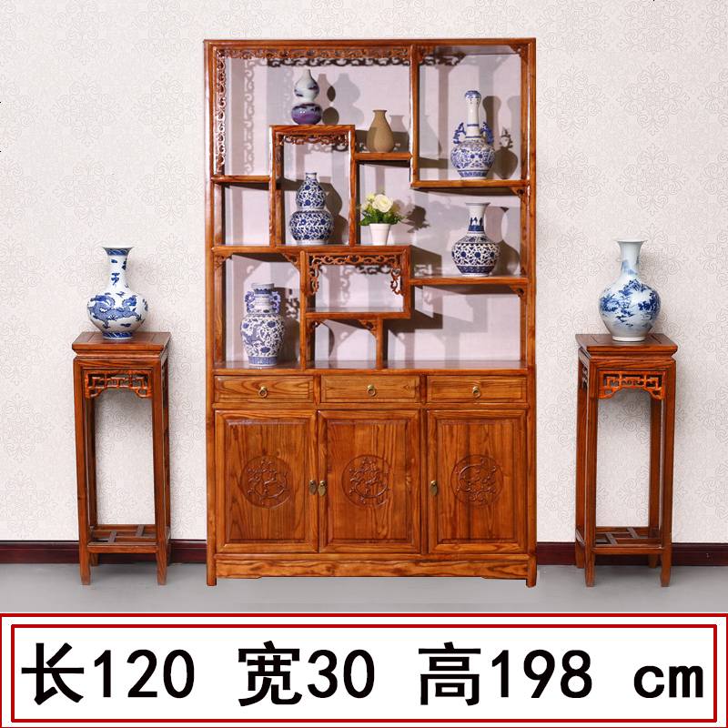 博古架实木多宝阁中式仿古家具榆木茶叶展示陈列柜客厅隔断置物架 三_博古架_1米以下