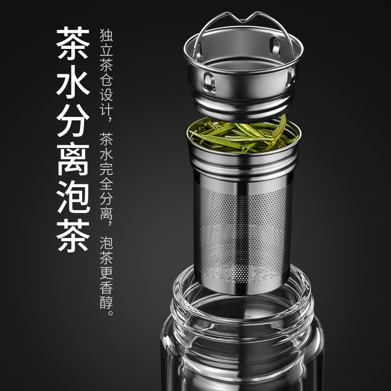 智能双层玻璃杯男女茶水分离泡茶杯便携隔热水杯子 睿智蓝高清大图
