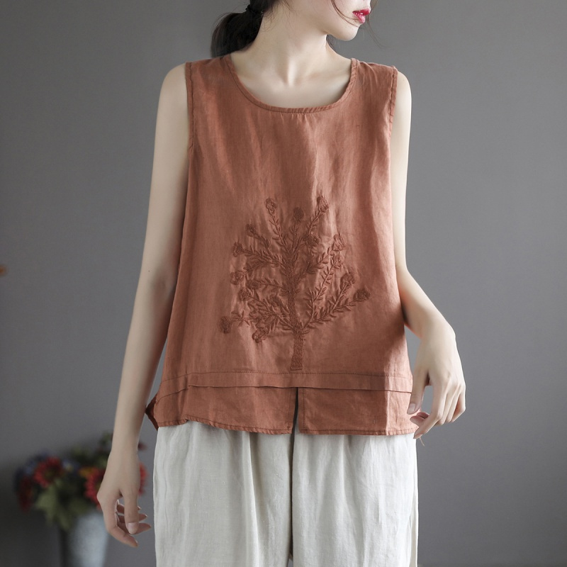 民族风女装文艺复古亚麻背心女夏外穿宽松中国风打底棉麻无袖上衣