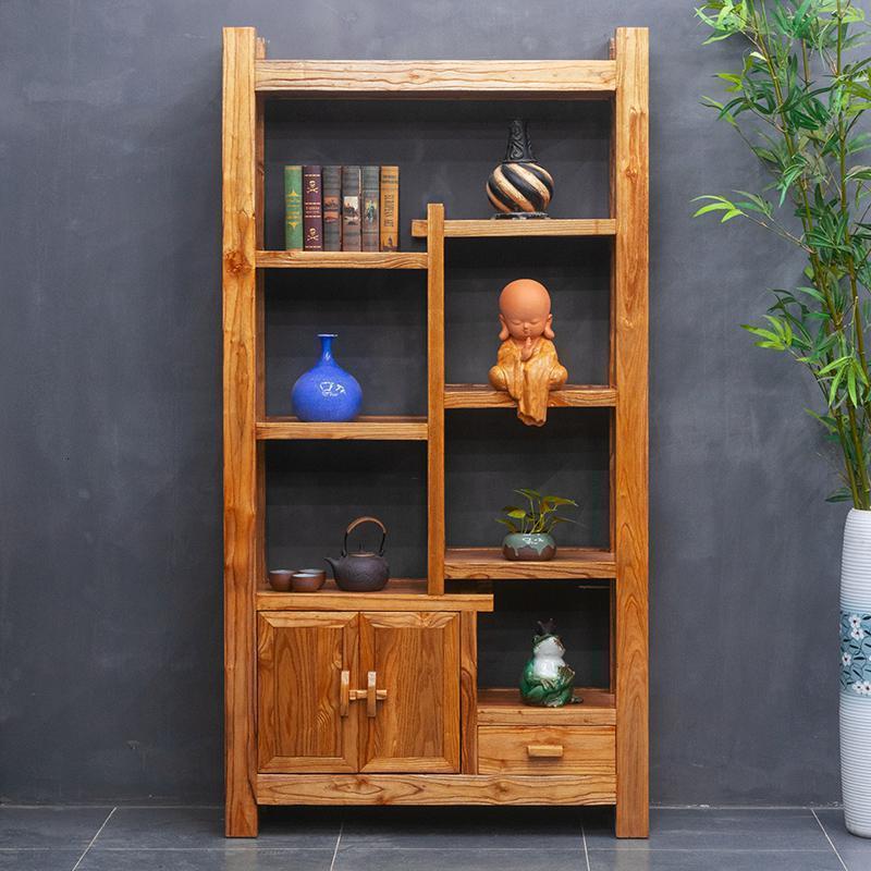BONJEAN老榆木博古架实木新中式茶叶置物展示茶室陈列柜复古董多宝阁书架 两门一抽架左门（110*35*198）1-1.2米