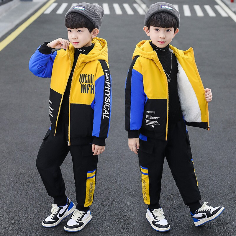 minanser童装男童秋冬装套装2021冬季新款儿童加绒加厚时尚衣服中大童