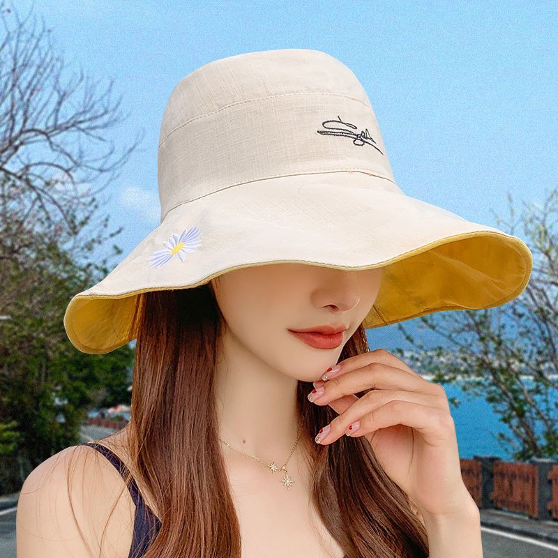 帽子女夏渔夫帽韩版百搭遮阳防紫外线帽子双面百搭防晒刺绣帽子女