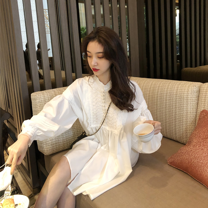 语娄韩国春秋新款中长款宽松长袖白色衬衫女很仙的法式连衣裙娃娃衫潮