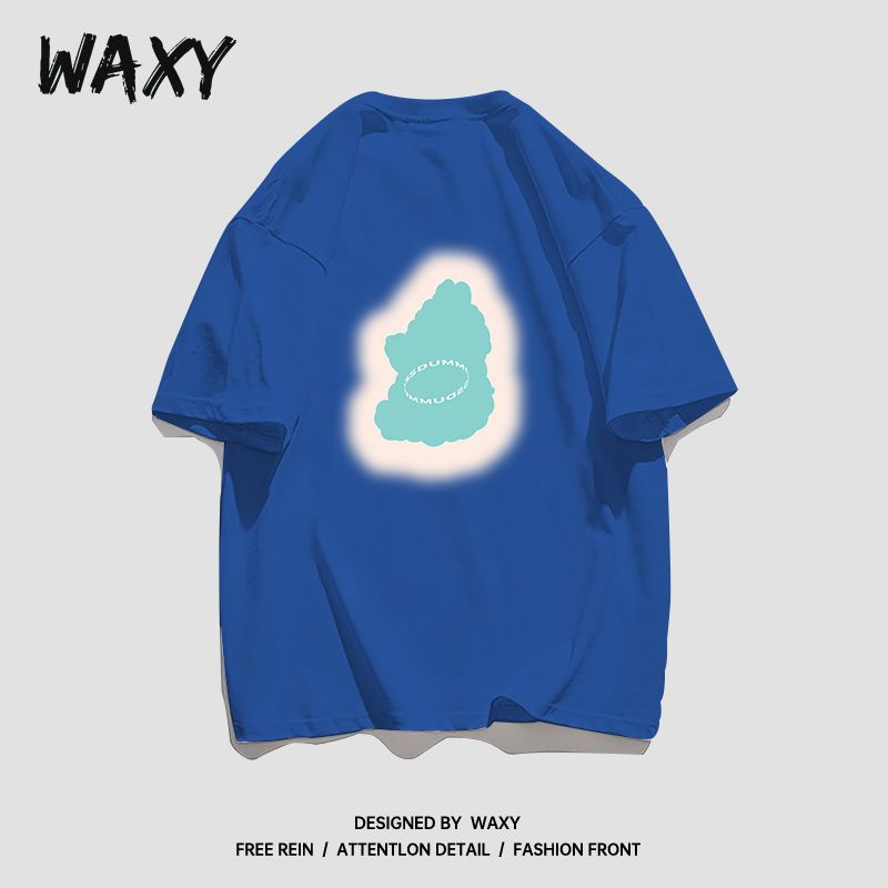 WAXY纯棉短袖T恤女学生宽松港风休闲百搭韩版简约设计感小众上衣 琉璃蓝 XL