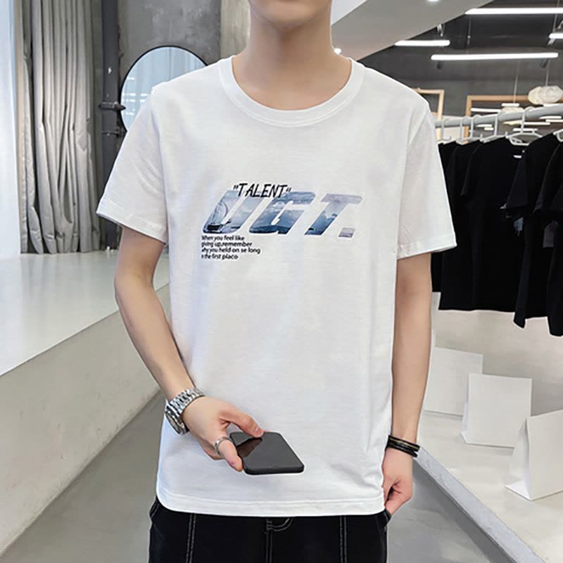 夏季男士短袖t恤宽松棉质白上衣服圆领男装半袖潮流体恤 莎丞图片