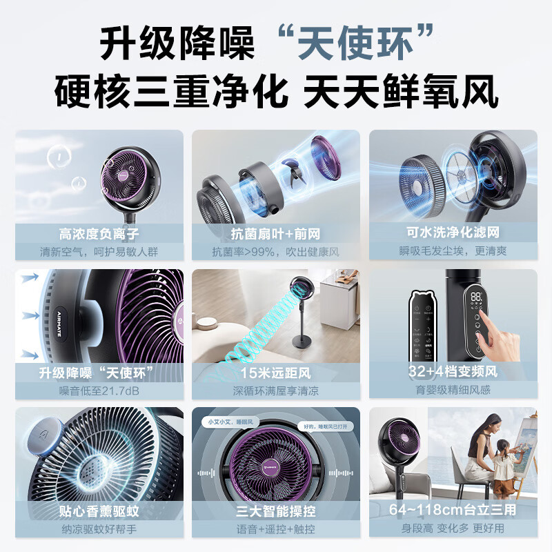 艾美特(AIRMATE)空气循环扇黄金环电风扇台地三用语音遥控触控落地扇负离子净化 FA18-SRDI122 语音+遥控高清大图