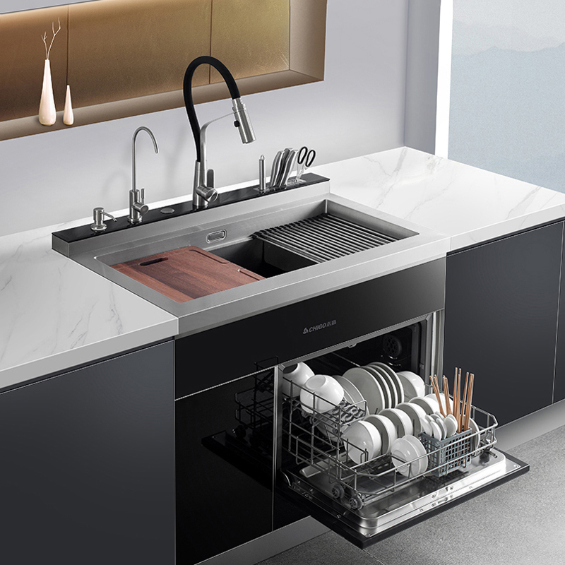 志高(CHIGO)厨房家用多功能水槽13套洗碗机消毒柜一体式304不锈钢槽体除菌烘干一级水效800mm小户型款集成水槽高清大图