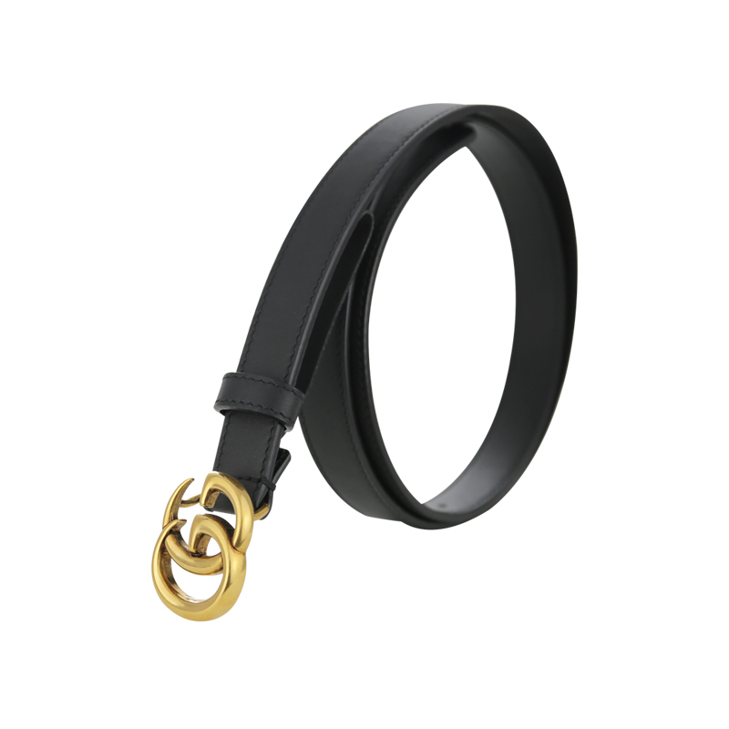 GUCCI/古驰 男女士通用GUCCI腰带 双G铜头黑色腰带2CM复古做旧哑光皮节日礼品