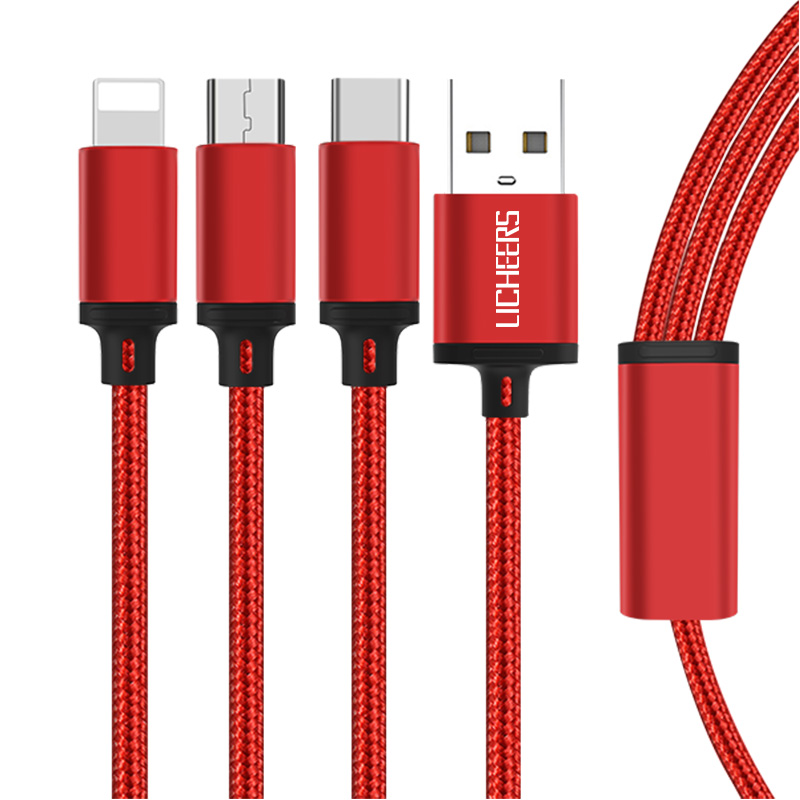 领臣(licheers) 数据线三合一苹果Type-c安卓 尼龙编织线 1.2米红 LC-SJX010 / 条
