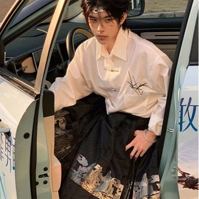 HD 新中式男装中国风翠竹翻领衬衫男改良版汉服唐装高级感长袖衬衣 白色XL高清大图