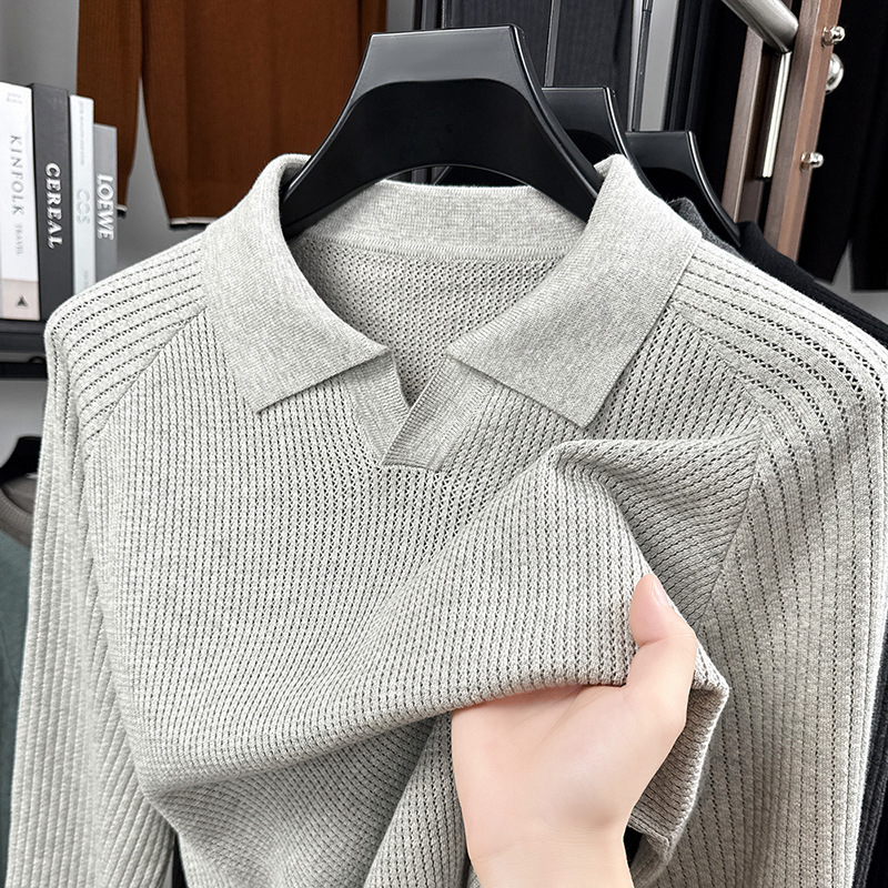 菠萝纹海鸥领纯棉针织衫男长袖t恤2025秋季新款舒适透气男士毛衣高清大图
