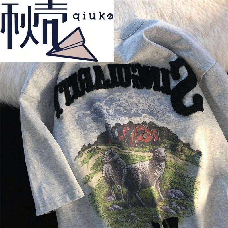 秋壳美式复古字母艺术生风景印花短袖T恤女高级感夏季新款上衣潮
