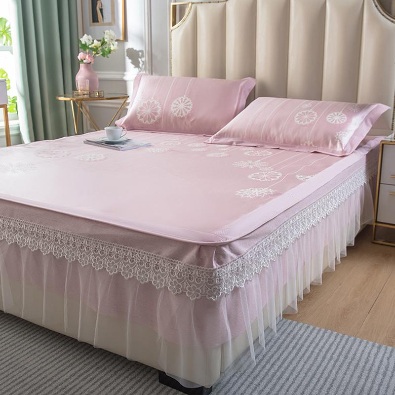 美帮汇蕾丝床裙款冰丝凉席三件套1.8m床1.5米可折叠空调夏季可水洗席子高清大图