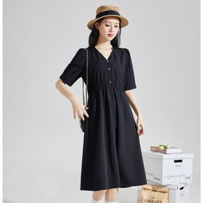 [2.5折价124元]唐狮夏季女V领纯色短袖连衣裙简约高级感百搭韩系气质优雅潮