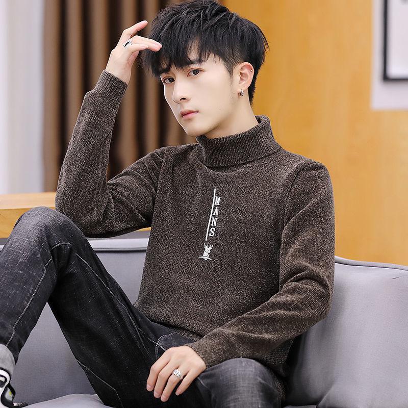 男士毛衣韩版翻领针织衫男装针织毛衫加绒加厚潮流男线衣高领毛衫诺妮