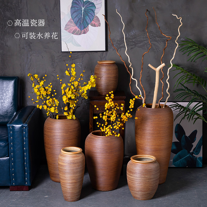 景德镇陶瓷花瓶摆件现代简约客厅插花中式大圆口窑变大号粗陶花瓶 三维工匠 橙色千丝粗陶小号高清大图